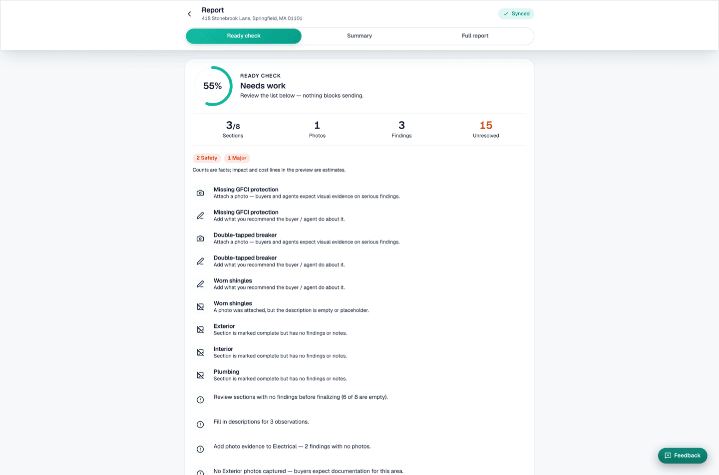 SightSpec desktop — The report