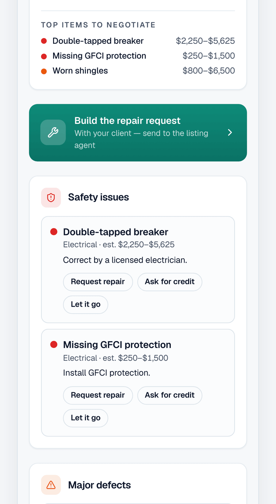 The agent's brief — the items worth negotiating and an estimated repair exposure range, from the same inspection