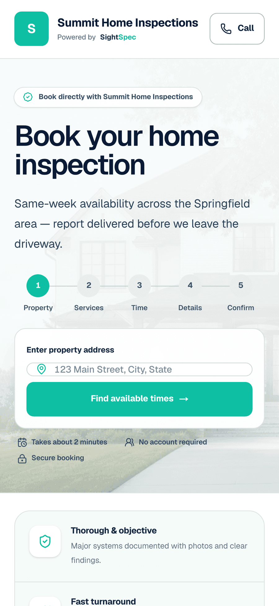 The public booking page clients see — pick a package and a time, no account required