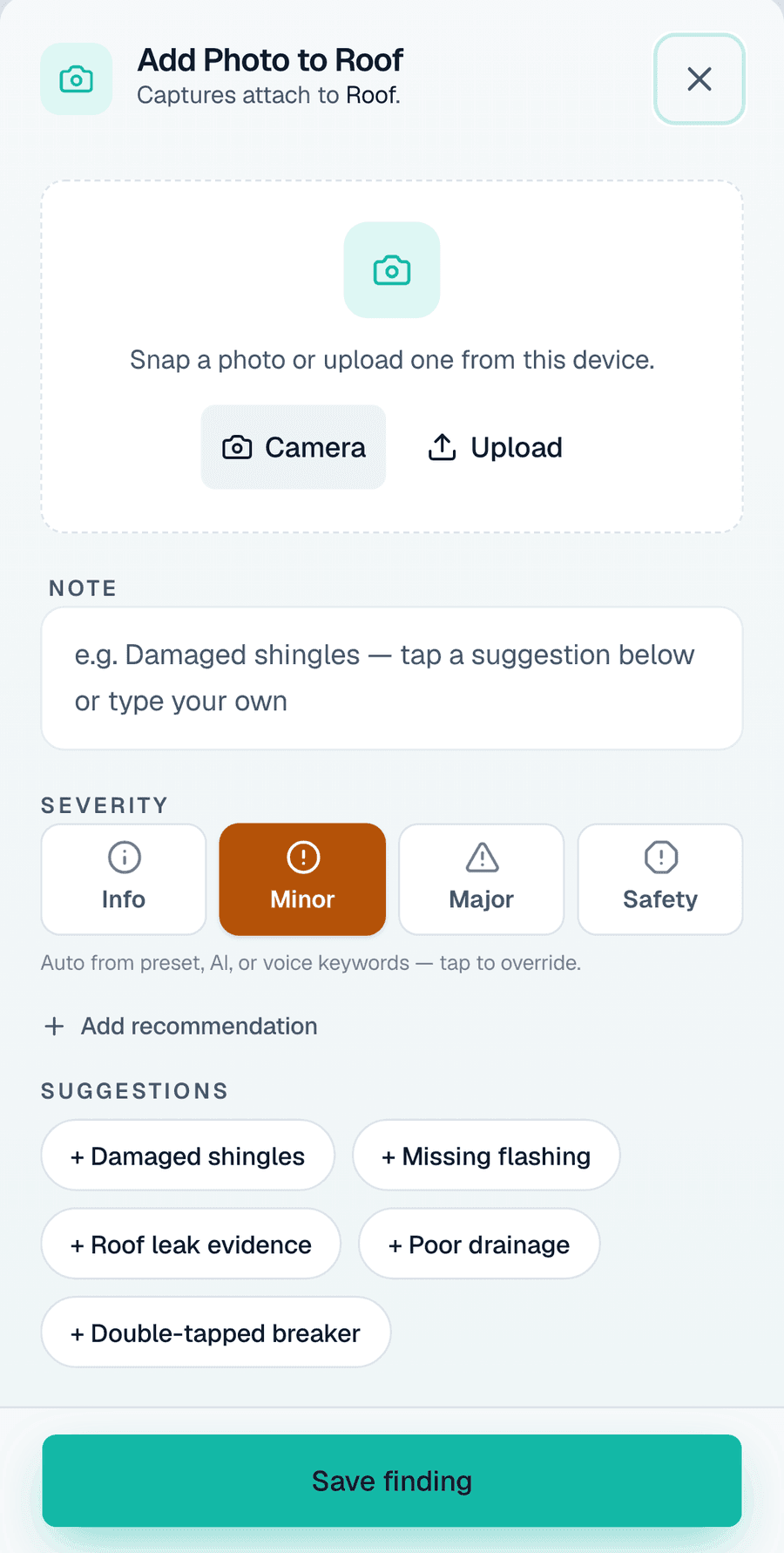 Adding a photo finding to the Roof section — camera, severity, and one-tap comment suggestions in a single sheet
