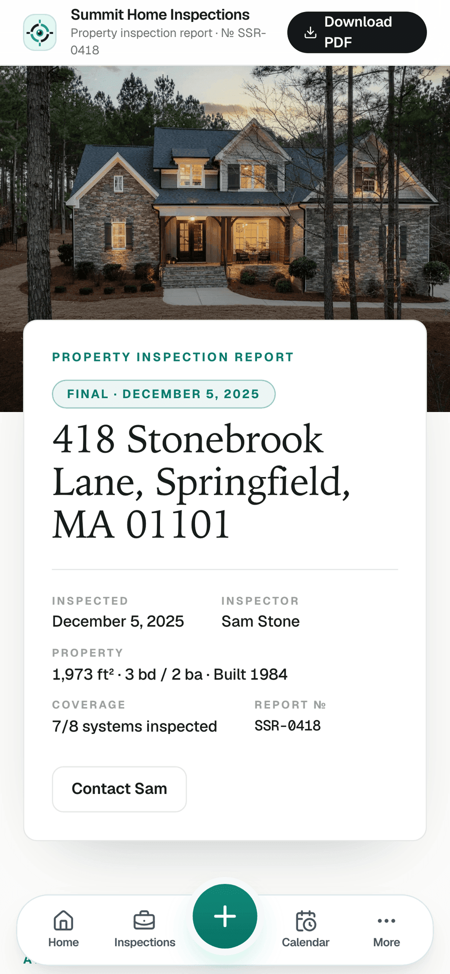 The delivered report clients open — property health by area, findings, and photos, with no app and no login