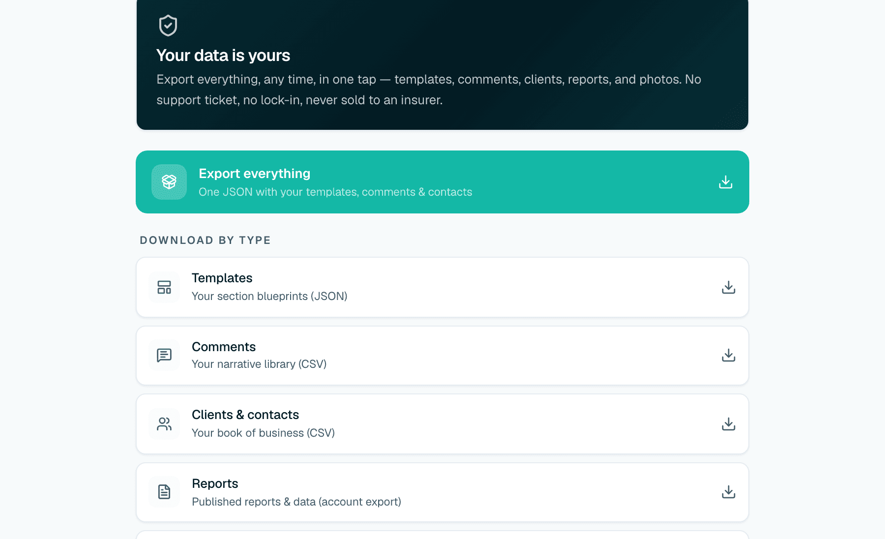 SightSpec Data Freedom Center — export everything in one tap