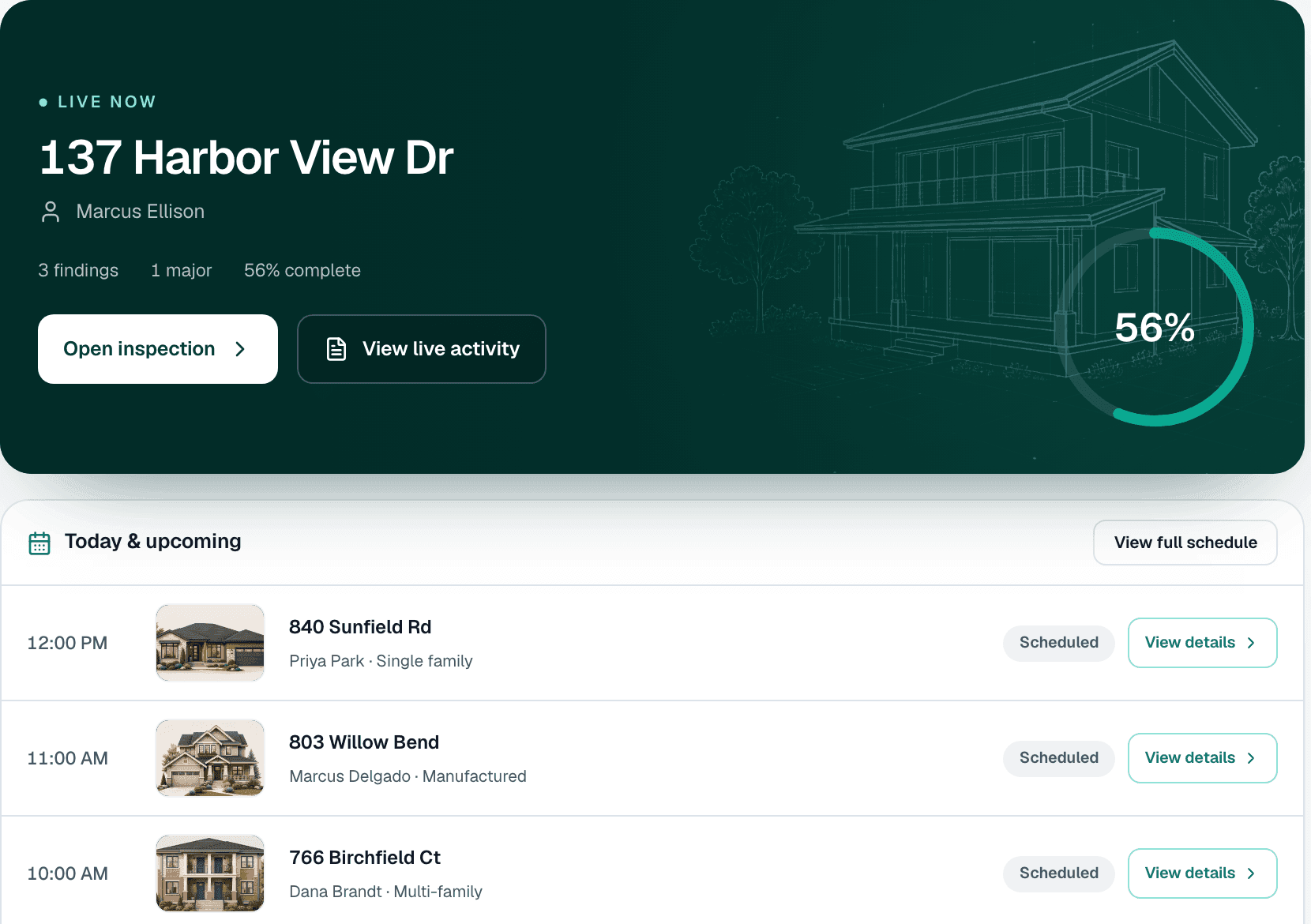 SightSpec inspection command — the live inspection and today's schedule in one view