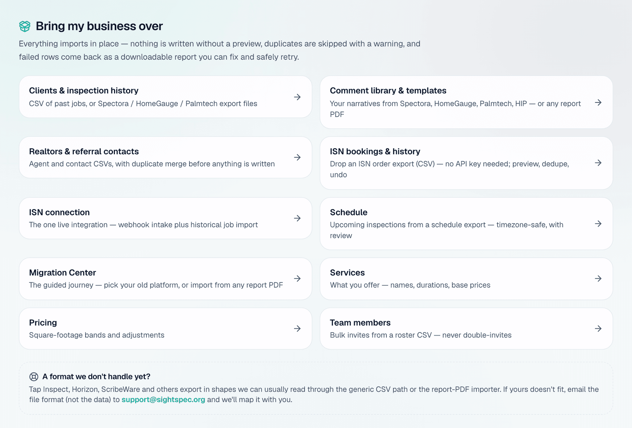 SightSpec Import Center — every migration path with a preview before anything is written