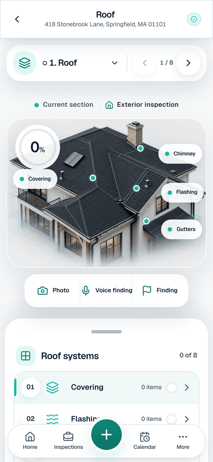 SightSpec mobile field inspection app — guided roof section with photo, voice, and finding capture