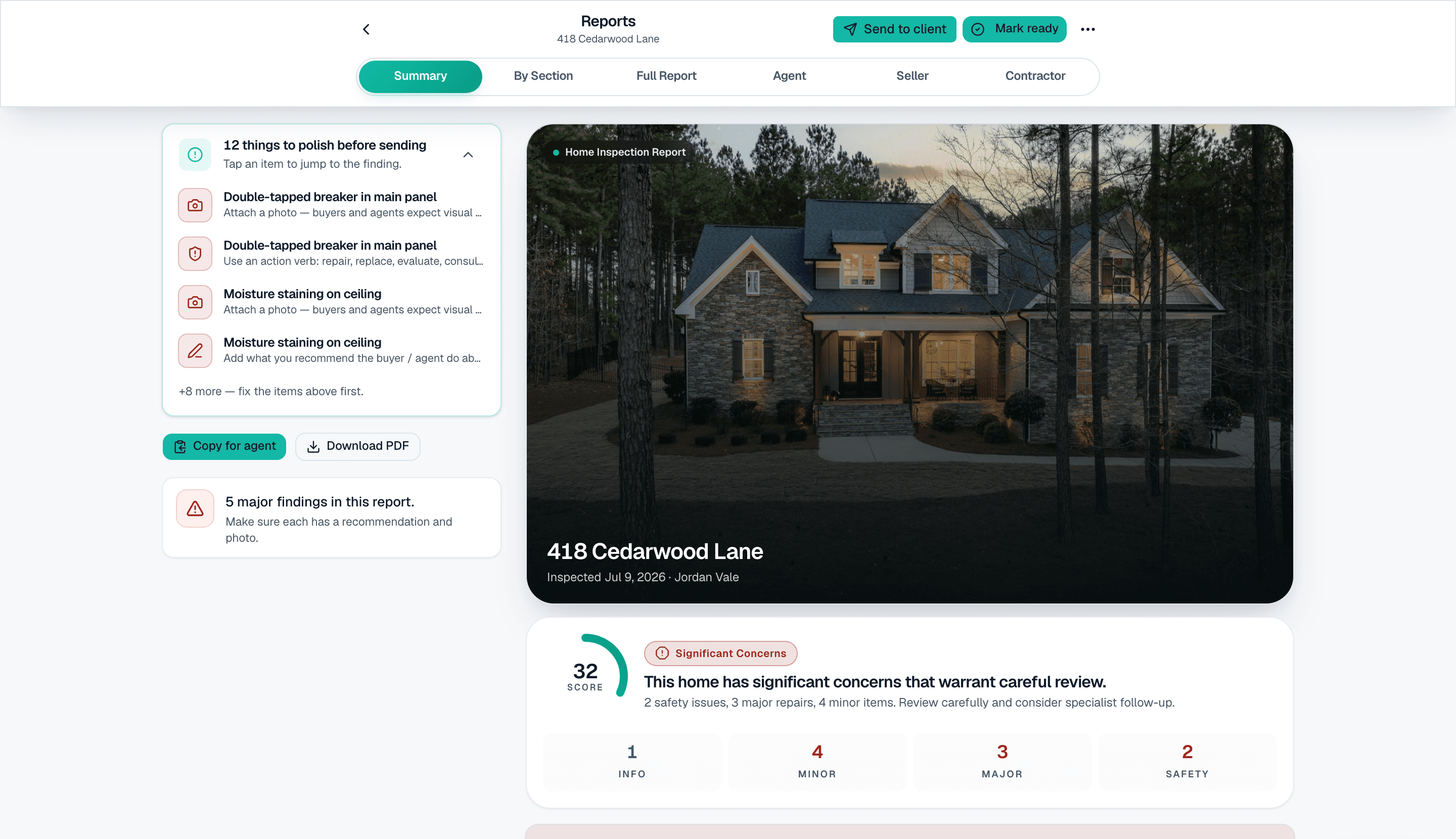 SightSpec report review — findings, a polish-before-sending checklist, and one-tap send